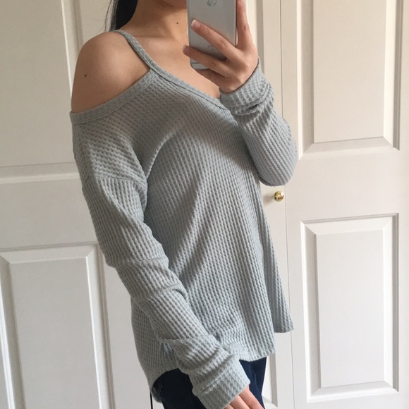 LIV - Light Blue Waffle Material Shoulder Cutout Top Blouse - Picture 3 of 7